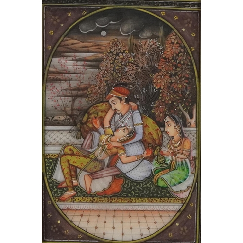 389 - Figures on a terrace before moonlit water, Indian Mughal school painting on porcelain panel, mounted... 