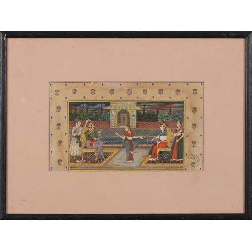 390 - Attendant with dancer, Indian Mughal school gouache, mounted, framed and glazed, 24cm x 14.5cm exclu... 