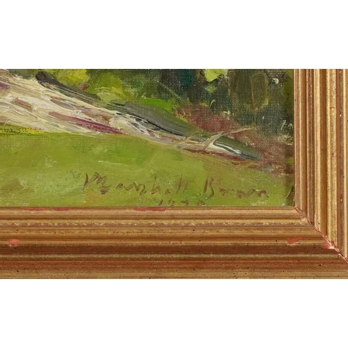 355 - Two boys fishing in a river, oil on canvas in a gilt frame, 29cm x 20.5cm excluding the frame