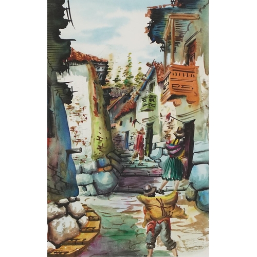 407 - Continental street scenes, pair of European watercolours, bearing an indistinct signature, possibly ... 