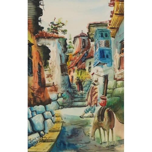 407 - Continental street scenes, pair of European watercolours, bearing an indistinct signature, possibly ... 