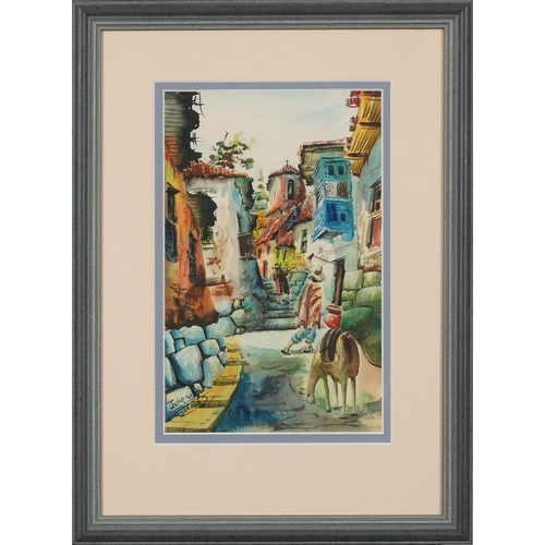 407 - Continental street scenes, pair of European watercolours, bearing an indistinct signature, possibly ... 