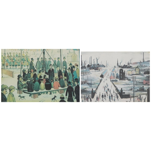 1363 - After Laurence Stephen Lowry - Canal Bridge and Laying a Foundation, two vintage prints in colour, m... 