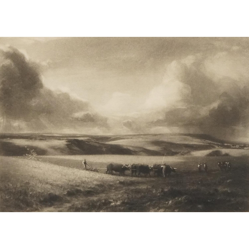 353 - Norman Hirst - Ploughing in a field with Oxon , pencil signed mezzotint, copyright published August ... 