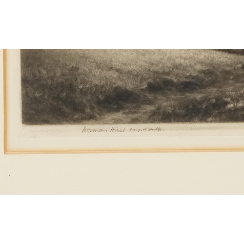 353 - Norman Hirst - Ploughing in a field with Oxon , pencil signed mezzotint, copyright published August ... 