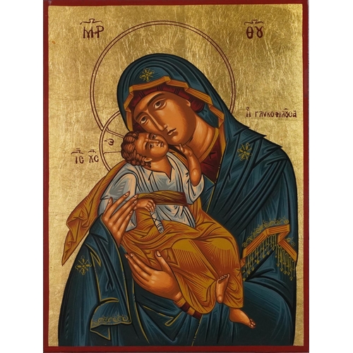 313 - Greek icon on wood panel of Madonna and child, 40cm x 30cm