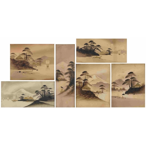 127 - Mount Fujiyama six Japanese watercolours heightened in gilt, each framed and glazed, the largest 35c... 