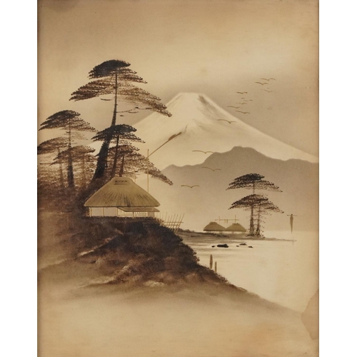 127 - Mount Fujiyama six Japanese watercolours heightened in gilt, each framed and glazed, the largest 35c... 