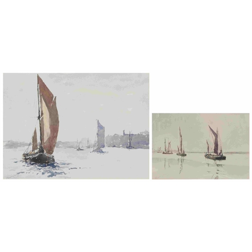 114 - Jack Burningham - Returning from the Thames Barge Race, pair of watercolours, mounted and glazed, ea... 