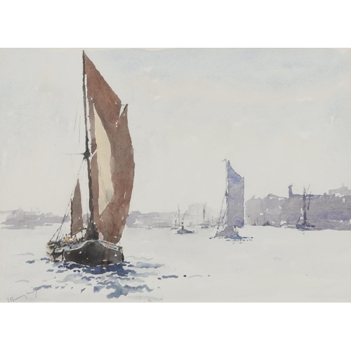 114 - Jack Burningham - Returning from the Thames Barge Race, pair of watercolours, mounted and glazed, ea... 