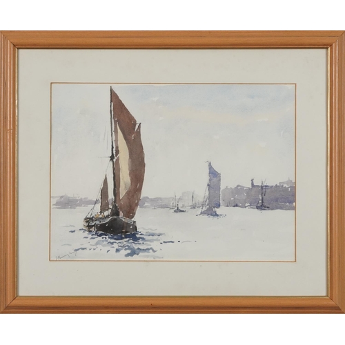 114 - Jack Burningham - Returning from the Thames Barge Race, pair of watercolours, mounted and glazed, ea... 