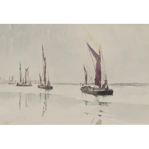 114 - Jack Burningham - Returning from the Thames Barge Race, pair of watercolours, mounted and glazed, ea... 