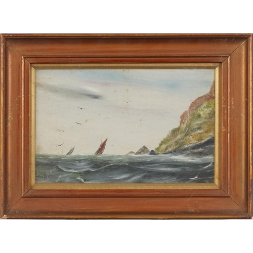 496 - Swanage Bay and ... Rock, pair of shipping interest oil on boards, in gilt frames, each 22cm x 15cm ... 