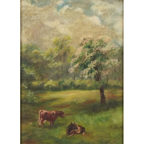 284 - M Johnson - Cattle in wooded field, oil on board, in a gilt frame, 22cm x 16cm excluding frame