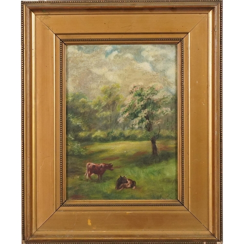 284 - M Johnson - Cattle in wooded field, oil on board, in a gilt frame, 22cm x 16cm excluding frame