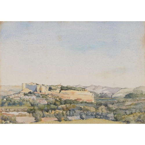 1284 - Possibly Lewes Castle, watercolour, together with a view across Cardigan Bay, framed watercolour, Be... 