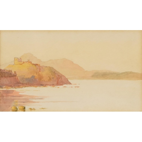 1284 - Possibly Lewes Castle, watercolour, together with a view across Cardigan Bay, framed watercolour, Be... 