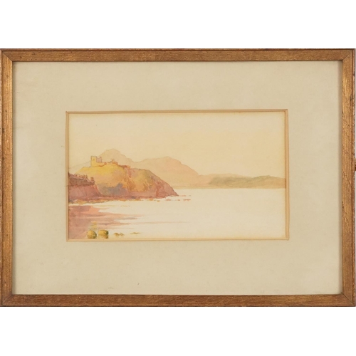 1284 - Possibly Lewes Castle, watercolour, together with a view across Cardigan Bay, framed watercolour, Be... 