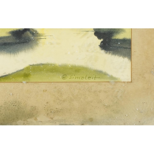 1224 - Hans Simoleit - Landscape with river, German Expressionist watercolour, Franz Leuwerbremen label ver... 