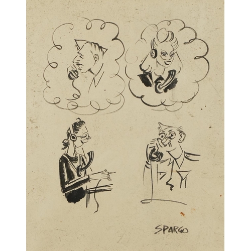 1196 - Caricatures and two figures, two ink sketches, one signed Spargo, the other Ocariz, mounted and fram... 