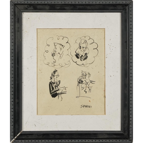 1196 - Caricatures and two figures, two ink sketches, one signed Spargo, the other Ocariz, mounted and fram... 