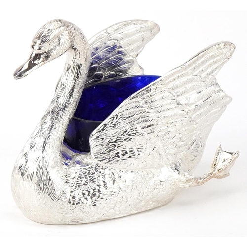 1386 - Large silver plated table salt in the form of a swan with blue glass liner, 20.5cm in length