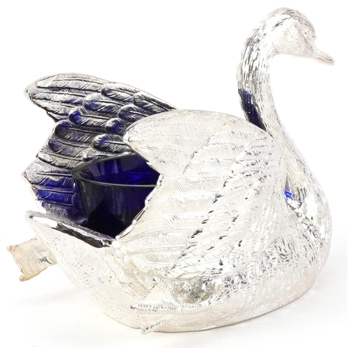 1386 - Large silver plated table salt in the form of a swan with blue glass liner, 20.5cm in length