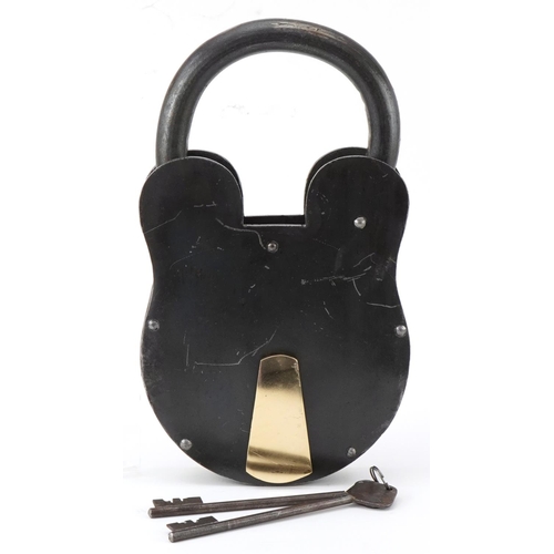 1432 - Large oversized cast iron padlock with keys, 37cm high