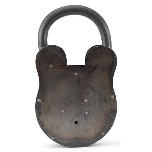 1432 - Large oversized cast iron padlock with keys, 37cm high