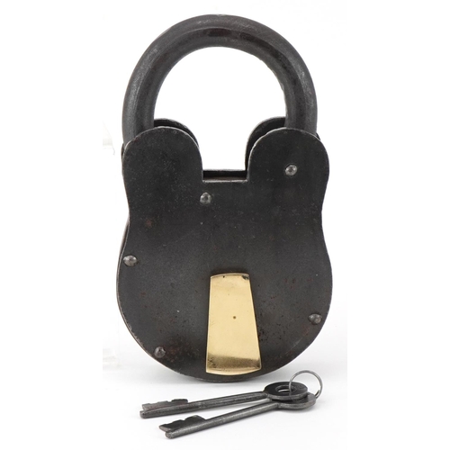 1398 - Oversized cast iron padlock with keys, 24cm high