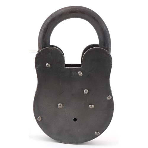 1398 - Oversized cast iron padlock with keys, 24cm high