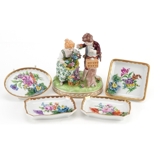 65 - Dresden, German porcelain including a summer figure group of a young boy and girl holding flowers fr... 