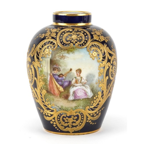 70 - Sevres, 19th century French cobalt blue ground vase hand painted with a panel young musician serenad... 