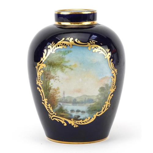 70 - Sevres, 19th century French cobalt blue ground vase hand painted with a panel young musician serenad... 