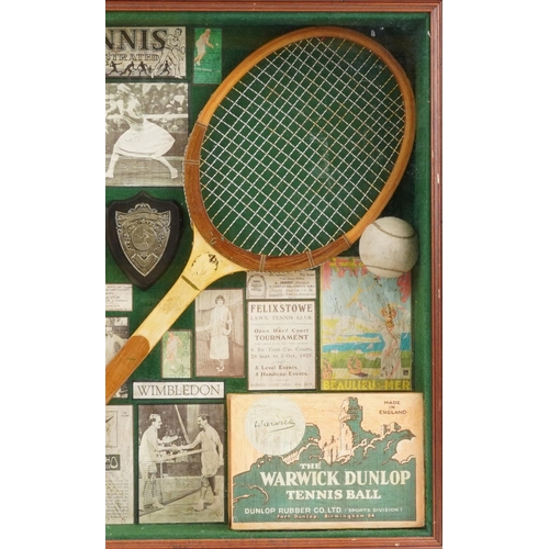 707 - Sporting interest glazed mahogany wall hanging tennis diorama, overall 71cm x 61cm