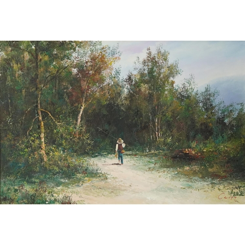 1282 - Figure on path through woodland, Impressionist oil on canvas, bearing an indistinct signature, possi... 