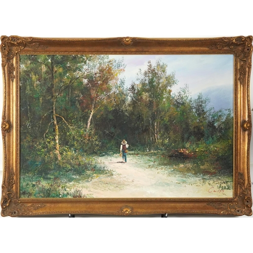 1282 - Figure on path through woodland, Impressionist oil on canvas, bearing an indistinct signature, possi... 