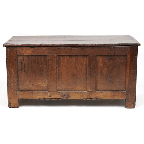 1008 - 17th/18th century oak three panel coffer with carved borders, 59cm H x 118cm W x 51cm D