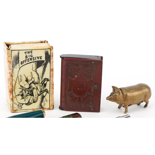 473 - Fountain pens, brass pig vesta, vulcanite vesta, cigarette case, and a matchbox holder for The Great... 