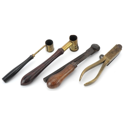 1783 - Two wooden and brass shotgun cartridge makers along with an wooden handled shot maker including an I... 