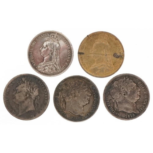 606 - Three George III sixpences dates 1816 and 1819, two Victorian 1887 sixpences and a Victorian enamell... 