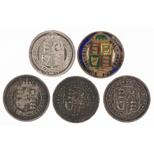 606 - Three George III sixpences dates 1816 and 1819, two Victorian 1887 sixpences and a Victorian enamell... 