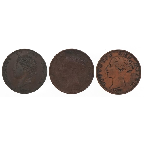 608 - George 1827 and Queen Victoria 1853 halfpennies