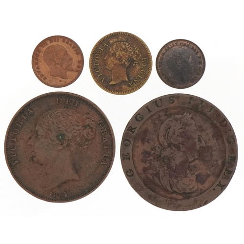 582 - George III 1797 penny, Victorian 1854 penny and three other coins