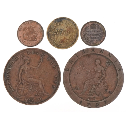 582 - George III 1797 penny, Victorian 1854 penny and three other coins