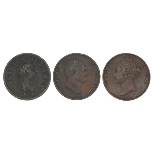 590 - George III 1806 penny, William III 1831 penny and Queen Victoria 1853 penny