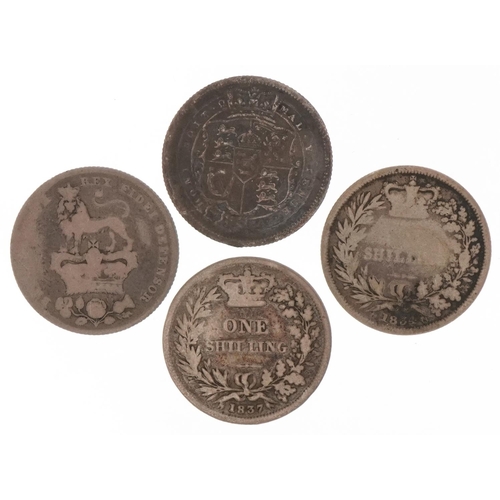 588 - Three George III silver shillings and a George IV silver shilling