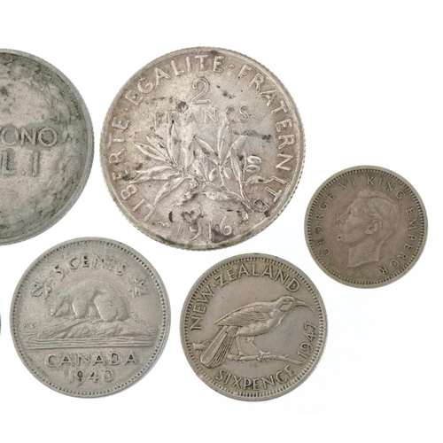 620 - George V East Africa shilling, France, Italy and New Zealand coins