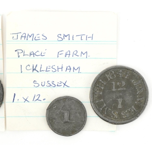 702 - Three hop tokens comprising William Crump Polhill Hill Farm, Harrietsham James Smiths Place Farm in ... 