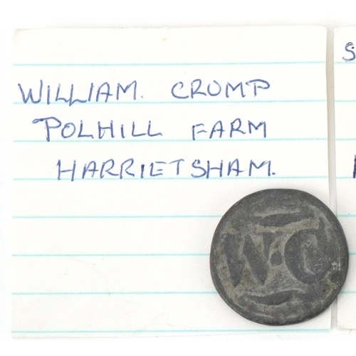 702 - Three hop tokens comprising William Crump Polhill Hill Farm, Harrietsham James Smiths Place Farm in ... 